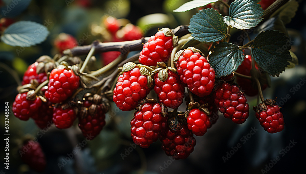 Fresh raspberry on a branch, nature sweet and healthy delight generated by AI Fresh raspberry on a branch, nature sweet and healthy delight generated by AI