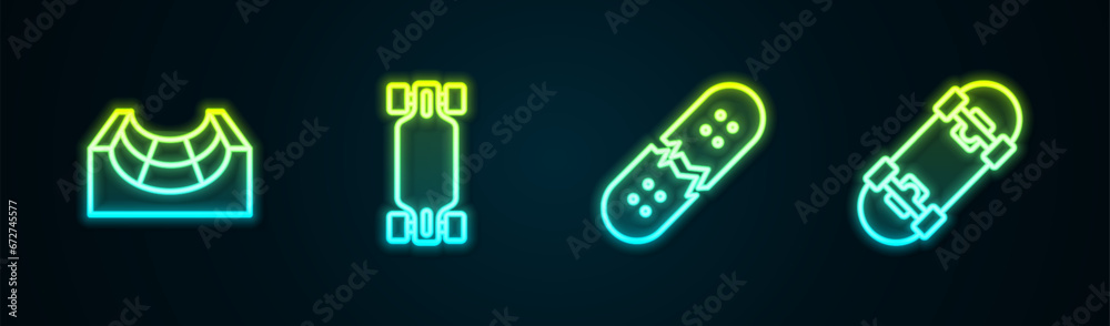Set line Skate park, Longboard or skateboard, Broken deck and Skateboard. Glowing neon icon. Vector