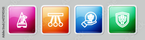 Set line Metronome with pendulum, Pendulum, Psychology, Psi and . Colorful square button. Vector