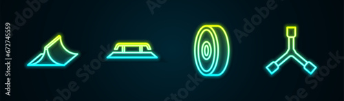 Set line Skate park, Skateboard stairs with rail, ball bearing and Y-tool. Glowing neon icon. Vector photo