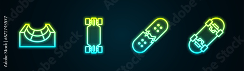 Set line Skate park, Longboard or skateboard, Broken deck and Skateboard. Glowing neon icon. Vector