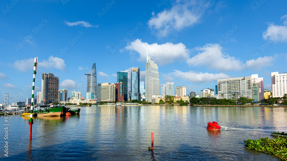 Hochiminh city landscape viewed from the other side of the Sai Gon River, Vietnam.