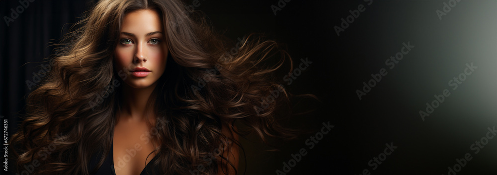 Healthy hair brunette advertisement model. Brunette girl Smiling beautiful model woman with long curly hairstyle. Care and beauty hair products Copy space Healthy hair brunette advertisement model. Brunette girl Smiling beautiful model woman with long curly hairstyle. Care and beauty hair products Copy space