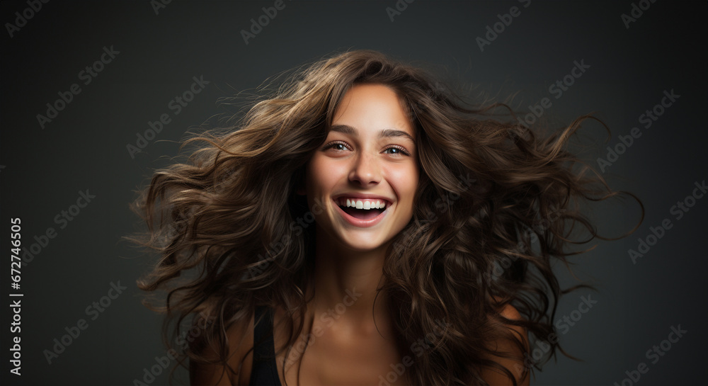 Healthy hair brunette advertisement model. Brunette girl Smiling beautiful model woman with long curly hairstyle. Care and beauty hair products Copy space Healthy hair brunette advertisement model. Brunette girl Smiling beautiful model woman with long curly hairstyle. Care and beauty hair products Copy space