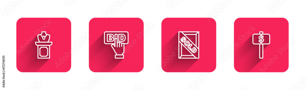 Set line Auction jewelry sale, Bid, painting sold and Hand holding auction paddle with long shadow. Red square button. Vector Set line Auction jewelry sale, Bid, painting sold and Hand holding auction paddle with long shadow. Red square button. Vector