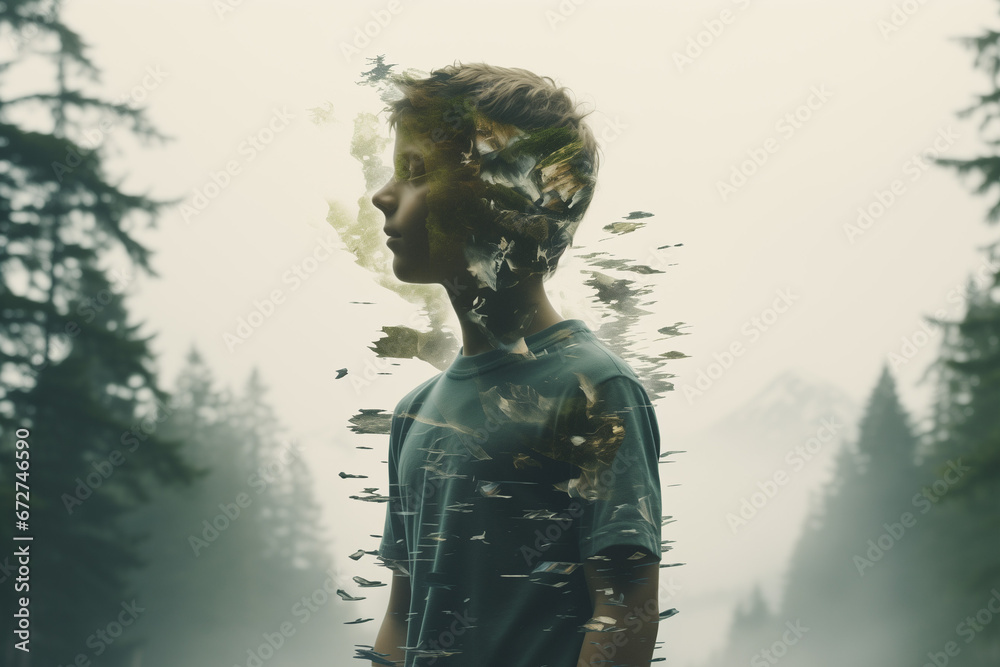 double exposure of child and nature, AI generate