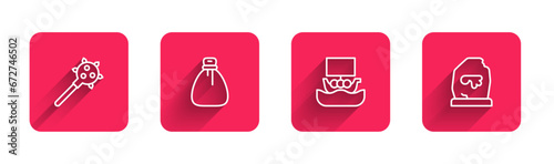 Set line Mace with spikes, Old money bag, Viking ship Drakkar and Magic rune with long shadow. Red square button. Vector