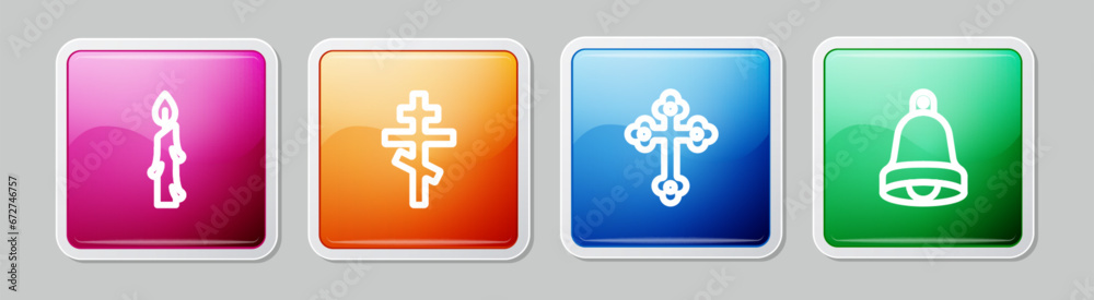 Set line Burning candle, Christian cross, and Church bell. Colorful square button. Vector Set line Burning candle, Christian cross, and Church bell. Colorful square button. Vector