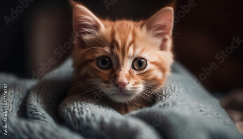 Fluffy ginger kitten staring at camera with playful curiosity generated by AI