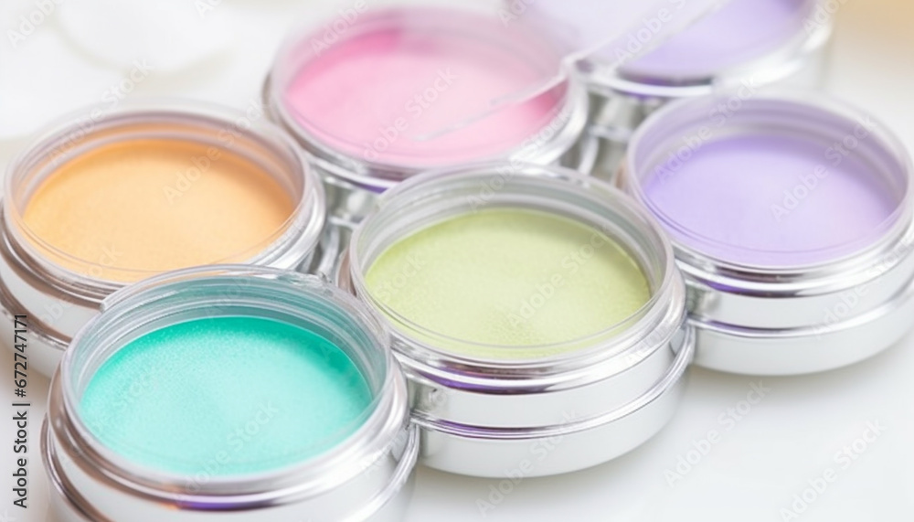 Multi colored eyeshadow palette set in shiny container, no people generated by AI Multi colored eyeshadow palette set in shiny container, no people generated by AI