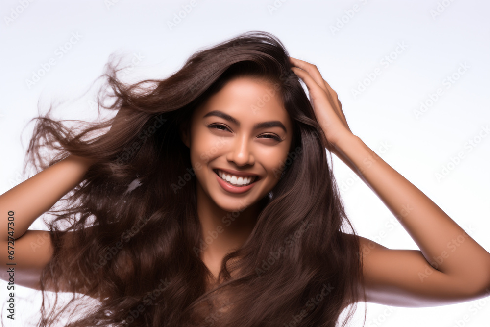 close up Beautiful woman with flowing hair isolated on white background, generative AI close up Beautiful woman with flowing hair isolated on white background, generative AI