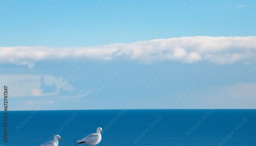 Seagull flying over tranquil coastline, reflecting in clear blue water generated by AI