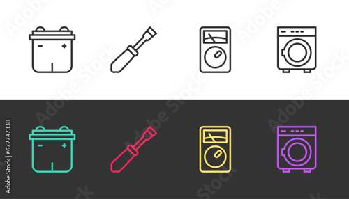 Set line Car battery, Screwdriver, Ampere meter, multimeter and Washer on black and white. Vector
