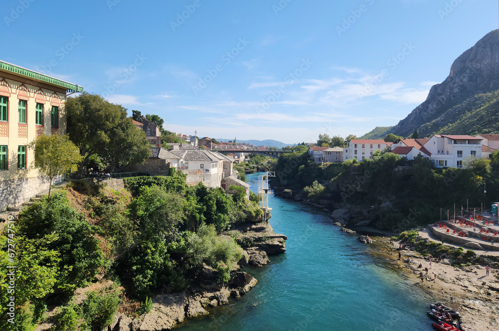 The Neretva River passing through the old town of Mostar town in Herzegovina.