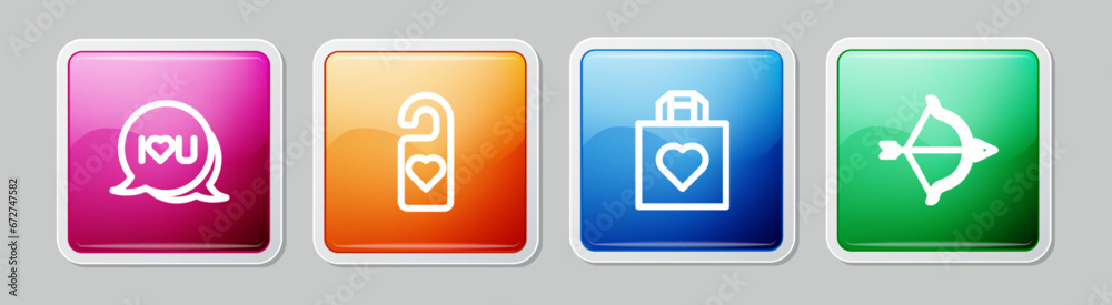 Set line Speech bubble text I love you, Please do not disturb with heart, Shopping bag and Bow and arrow. Colorful square button. Vector Set line Speech bubble text I love you, Please do not disturb with heart, Shopping bag and Bow and arrow. Colorful square button. Vector