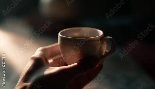 Hand holding coffee cup  enjoying hot drink in comfortable setting generated by AI