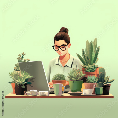 tech illustration, woman working at desk  simple minimal.generate ai