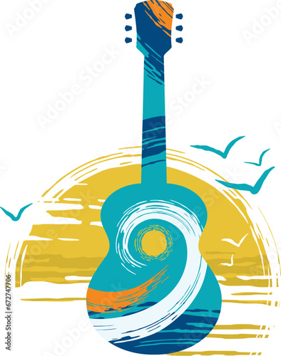 acoustic folk guitar with sea waves pattern against sunset stylised icon music festival logo poster