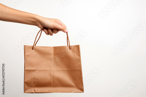 Close up of a brown paper bag for takeaway packaging held by a hand and two hands shot on a simple background at a studio, delivery service. Generative AI.
