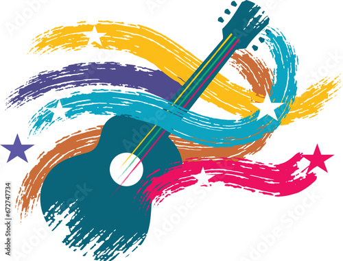 folk blues acoustic guitar in multicolour with grunge sound waves and stars festival merchandise promotion logo
