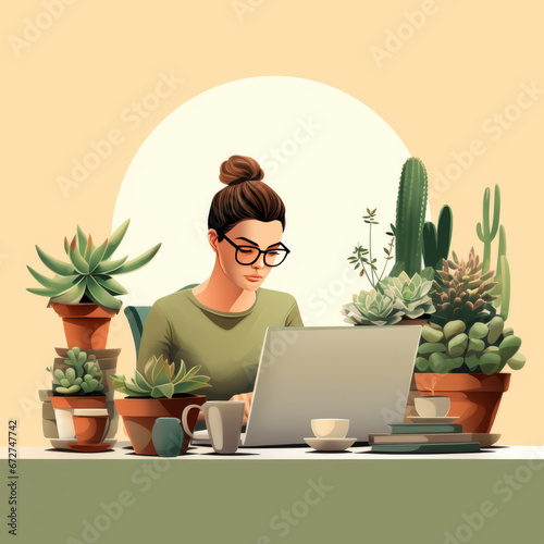 tech illustration, woman working at desk  simple minimal.generate ai