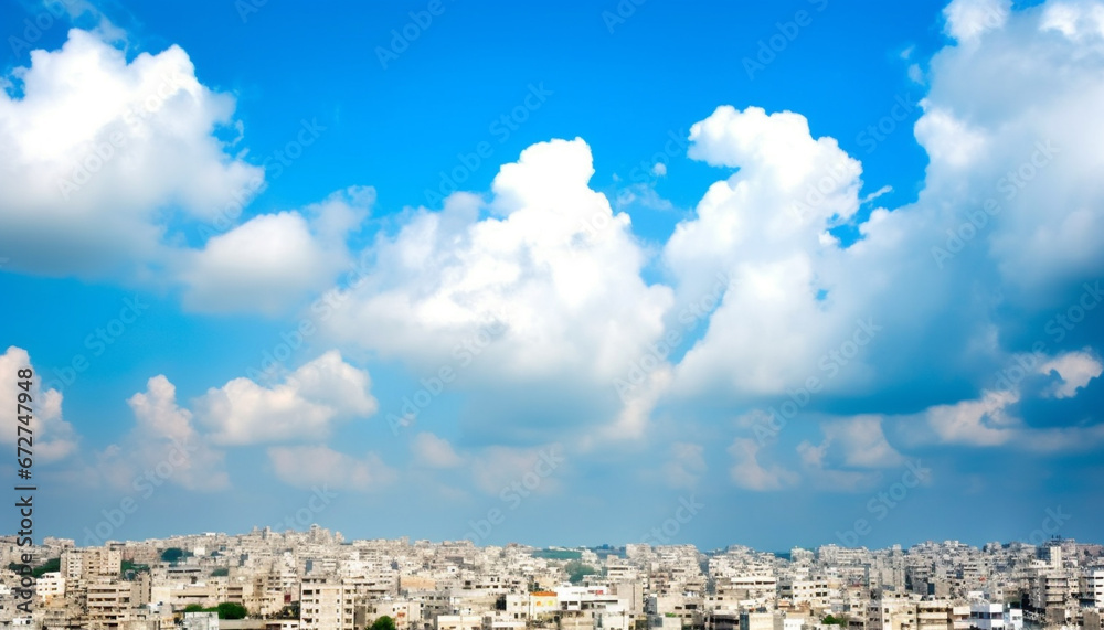 Summer cityscape panoramic skyline, bright sky, no people, famous architecture generated by AI