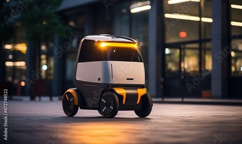 Modern automated food delivery robot riding on city street