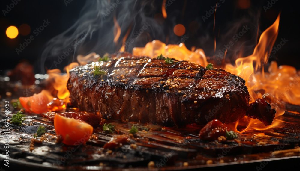 Grilled steak, smoked and glowing, ready to eat, a perfect picnic meal generated by AI