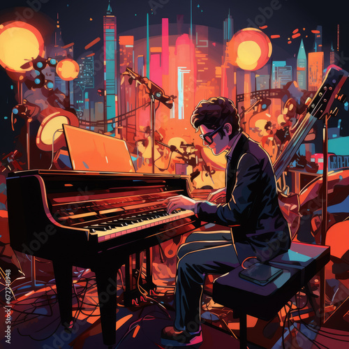 The musician played the beautiful concert , slice perspective, cartoon style.generate ai