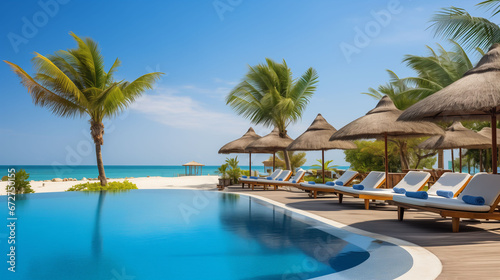 Tropical Swimming Pool in Maldives, Luxurious swimming pool and loungers umbrellas near beach and sea with palm trees © Thanapipat