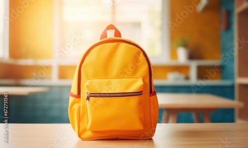 school backpack on a table in classroom on sunny morning