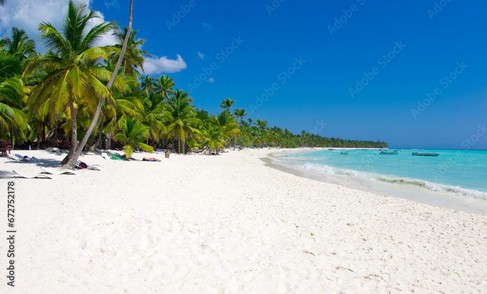 Beach and tropical sea. Palm trees on tropical beach