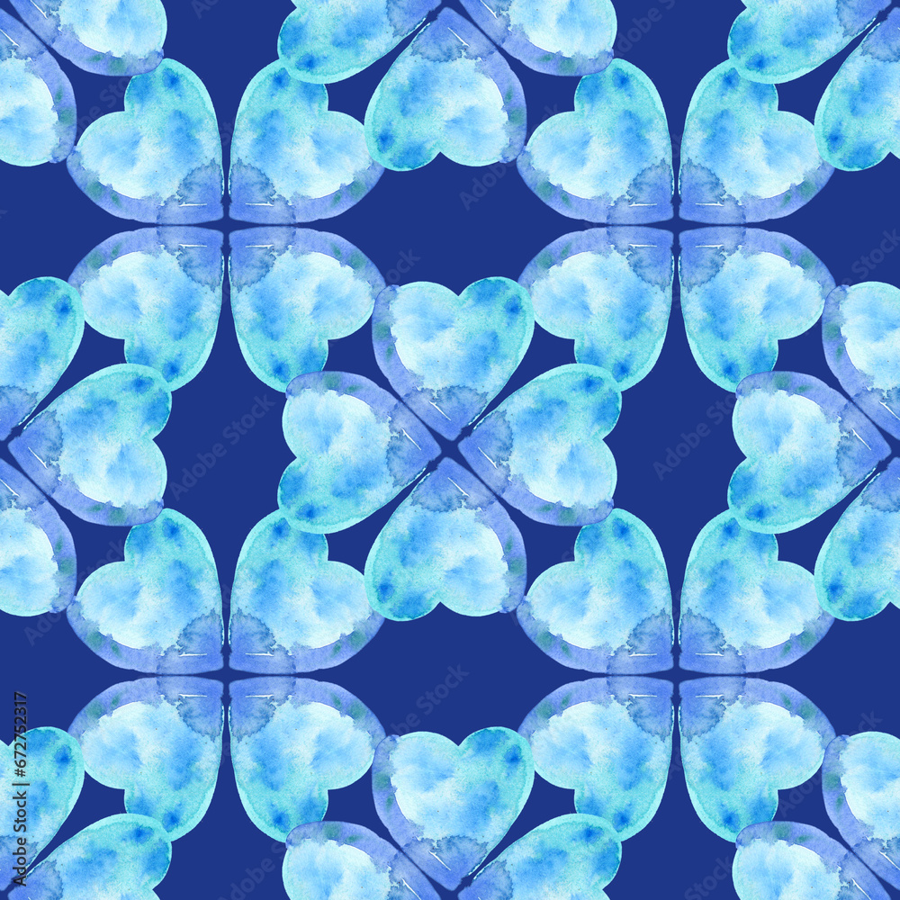 Seamless pattern of watercolor Blue hearts. Hand drawn illustration in ornamental style. Hand painted elements on dark blue background. Seamless pattern of watercolor Blue hearts. Hand drawn illustration in ornamental style. Hand painted elements on dark blue background.