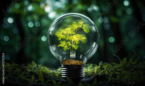 Green energy concept, light bulb with plants growing inside.