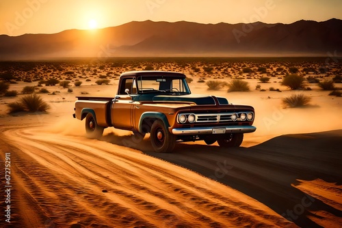 A vintage pickup truck parked on a dusty desert road