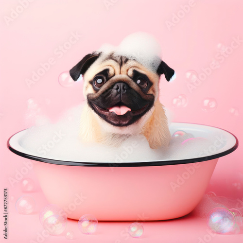 Happy Pug dog in bath with foam and bubbles. ai generative © Igor
