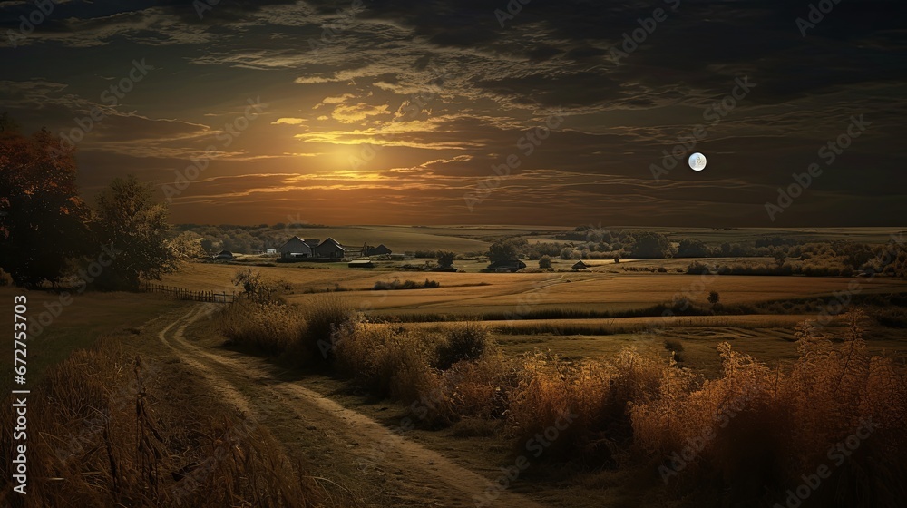 Harvest Moon over Peaceful Fields Harvest Moon over Peaceful Fields