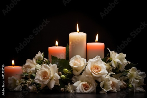 Beautiful flowers and candles on black background.Funeral Concept