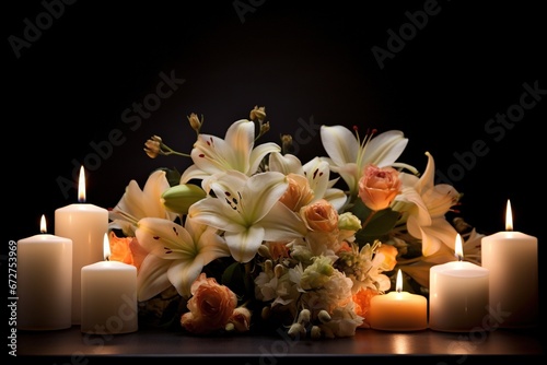 Beautiful flowers and candles on black background.Funeral Concept