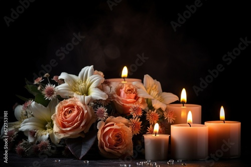 Beautiful flowers and candles on black background.Funeral Concept