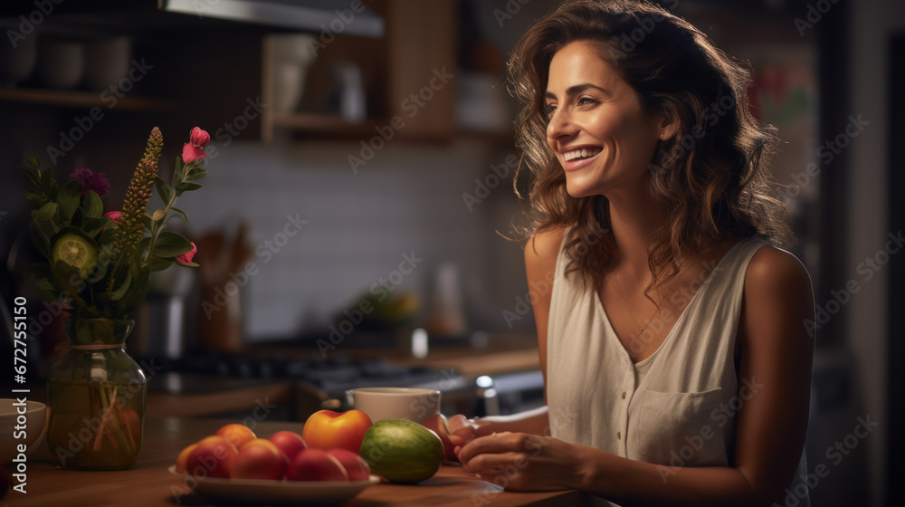 Portrait of a young woman in a modern kitchen, eating fruit. The concept of relaxation, comfort.