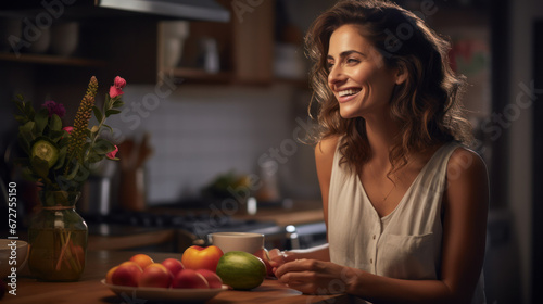 Portrait of a young woman in a modern kitchen  eating fruit. The concept of relaxation  comfort.