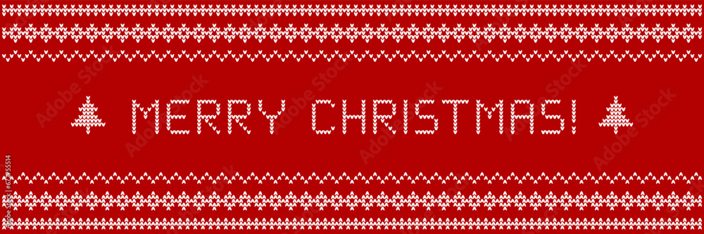 Merry Christmas! Banner concept as knitwear textile design with pattern and letters knitted into it.