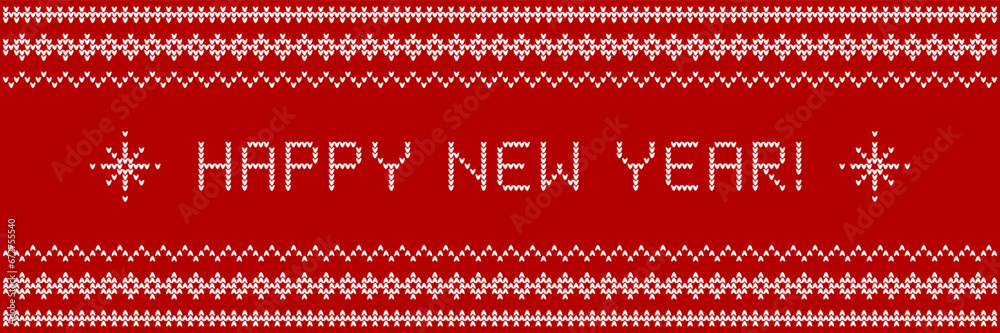 Happy new year! Banner concept as knitwear textile design with pattern and letters knitted into it.