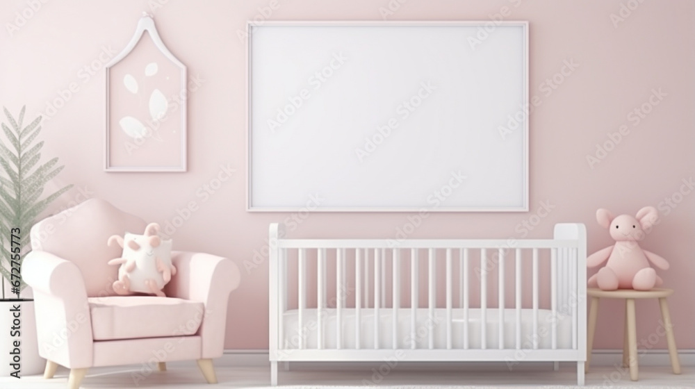 mock up poster frame in baby girl room, scandinavian style interior background. generative ai - obrazy, fototapety, plakaty 
