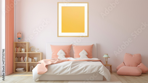 Mock up frame in warm colored girl bedroom. generative ai