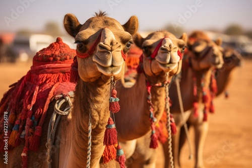 Close-up of camels wearing traditional dresses, used for carrying tourists on their backs. Generative AI