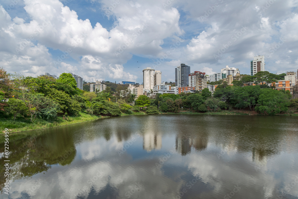 View of the Santa Lúcia Dam, with residential buildings in the São Bento neighborhood, in the background, and Vila Paris, on the right, in Belo Horizonte, state of Minas Gerais, Brazil. View of the Santa Lúcia Dam, with residential buildings in the São Bento neighborhood, in the background, and Vila Paris, on the right, in Belo Horizonte, state of Minas Gerais, Brazil.