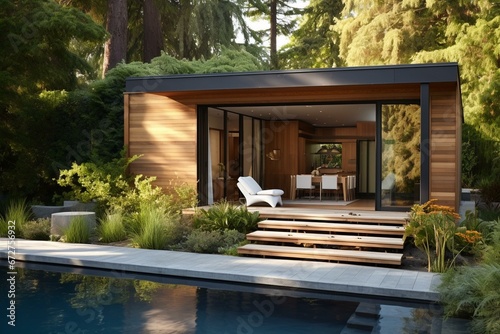 A sleek, stylish cabin in a garden with a contemporary design. Features a beach wood exterior and luxurious interior. Generative AI