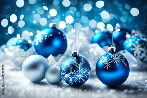 blue christmas balls on snow Blue Christmas baubles with white bows on bokeh background